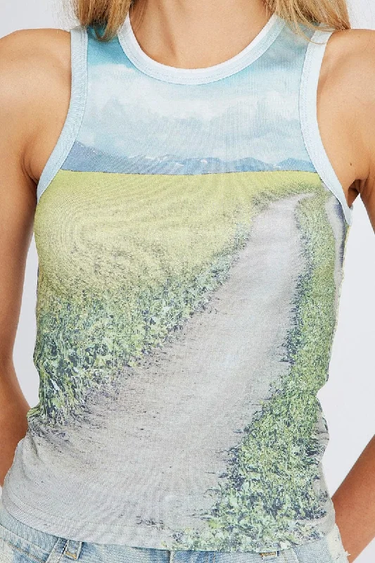 Multi Print Crop Tank Sleeveless Crew Neck