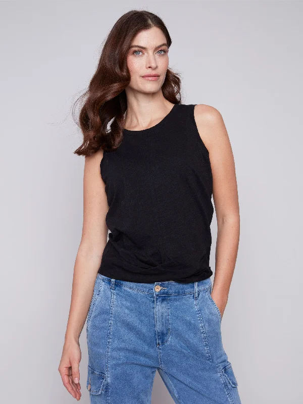 Organic Cotton Tank Top with Knot Detail - Black