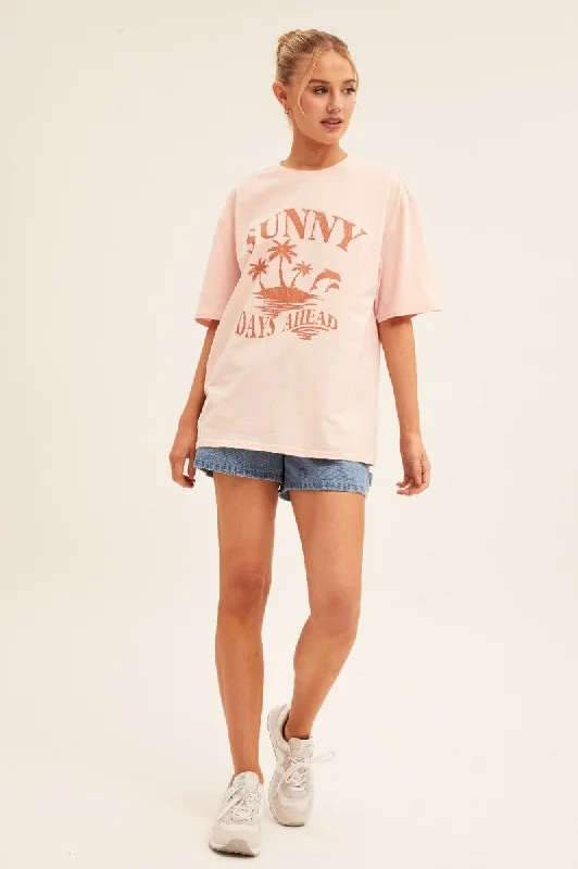 Pink Graphic T Shirt Short Sleeve Crew Neck