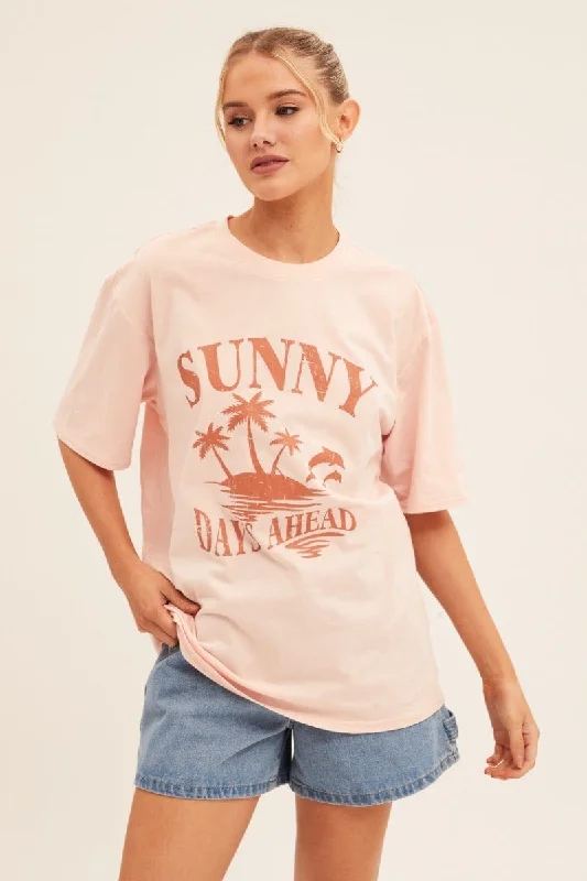 Pink Graphic T Shirt Short Sleeve Crew Neck