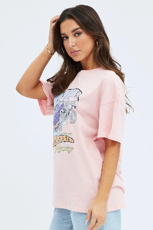 Pink Graphic Tee Short Sleeve Round Neck Print Jersey