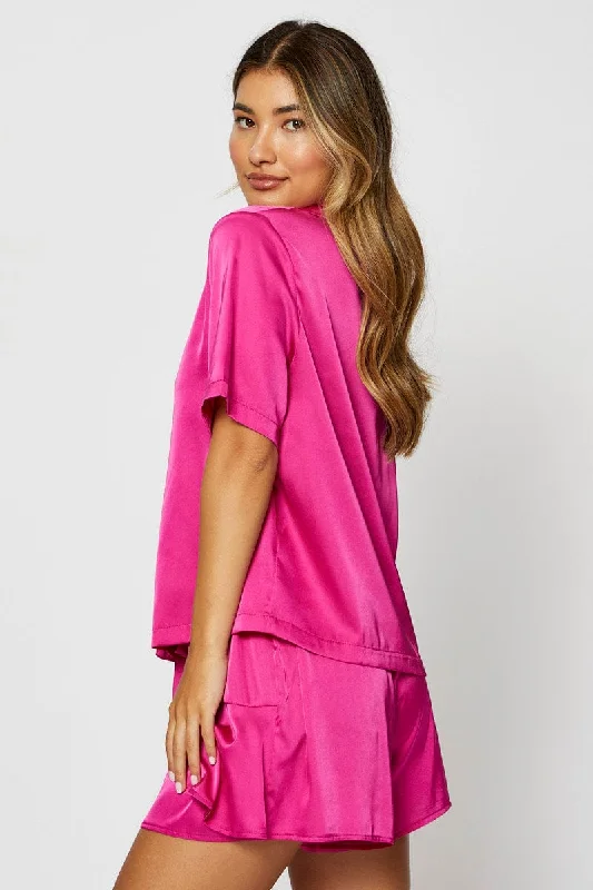 Pink Satin Pajamas Set Short Sleeve