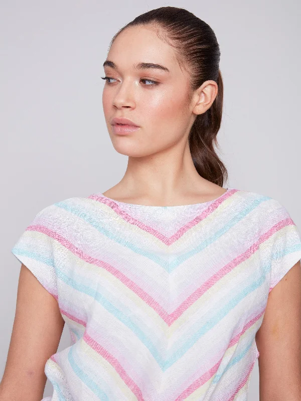 Printed Front Tie Linen Top - Lavender