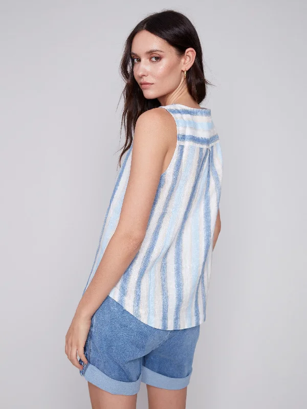 Printed Linen Top with Side Buttons - Nautical