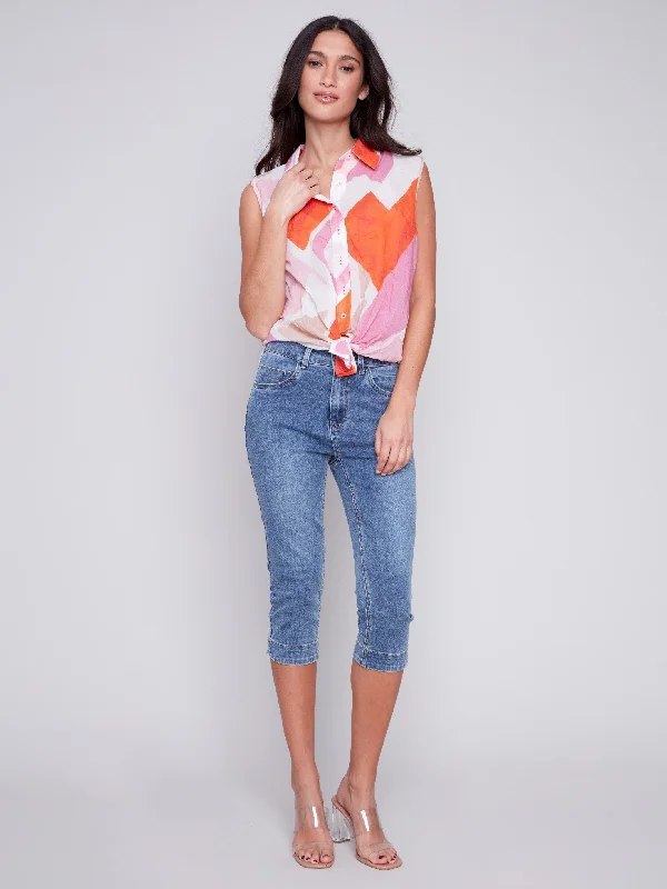 Printed Sleeveless Front Tie Cotton Shirt - Punch