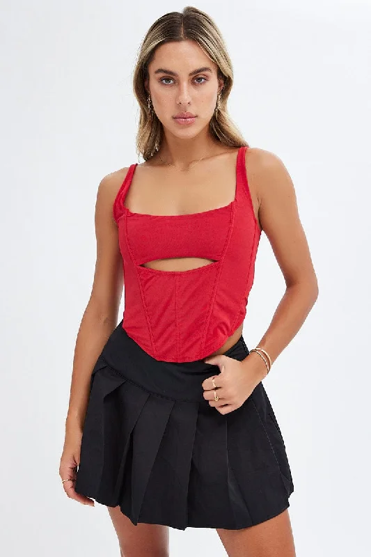 Red Corset Tank Top Tie Lace Back