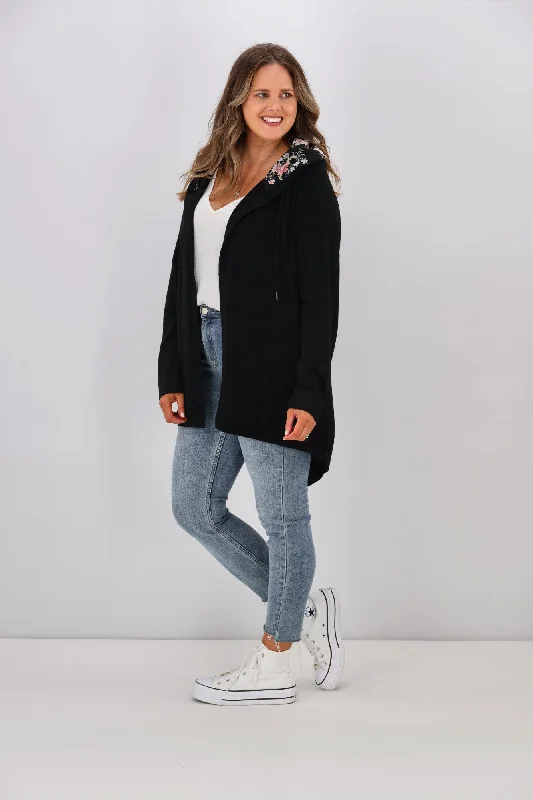 Shine On Label Big Dreams Merino Cardigan Black with Floral Hood.