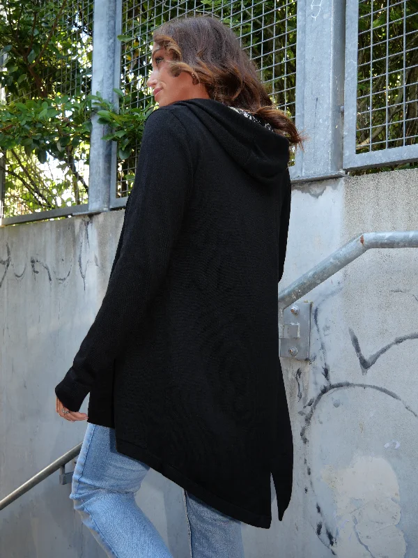 Shine On Label Big Dreams Merino Cardigan Black with Floral Hood.