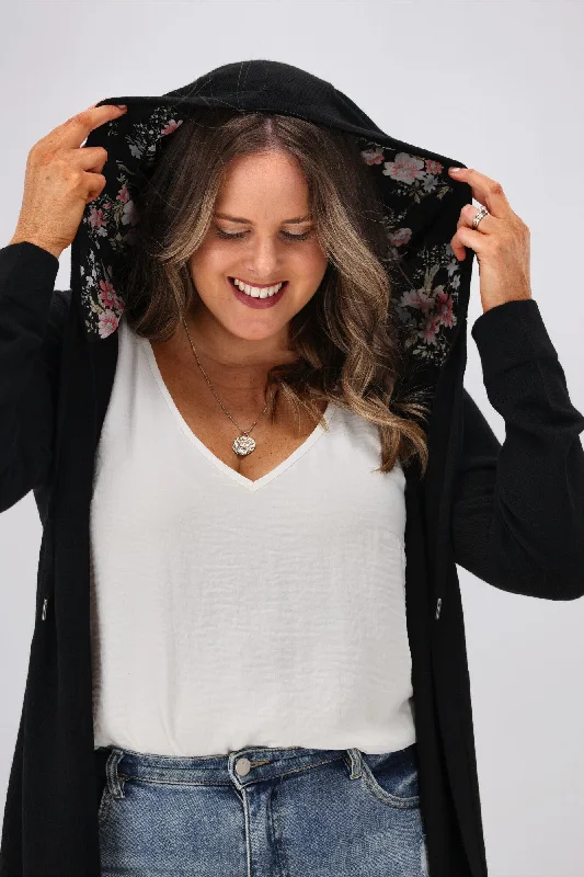 Shine On Label Big Dreams Merino Cardigan Black with Floral Hood.