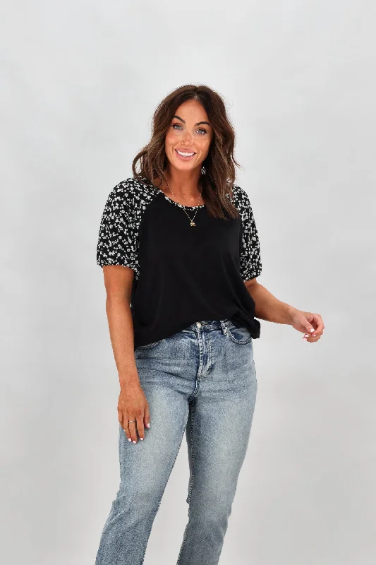 Shine On label Dale Embroidered Sleeve Tee Black