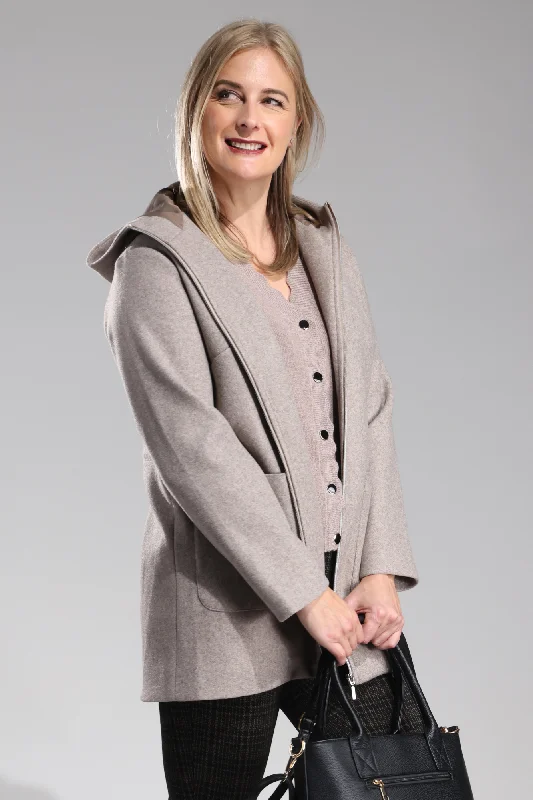 Short Coat with zip front & hood | Taupe Marle | 8024ZZ