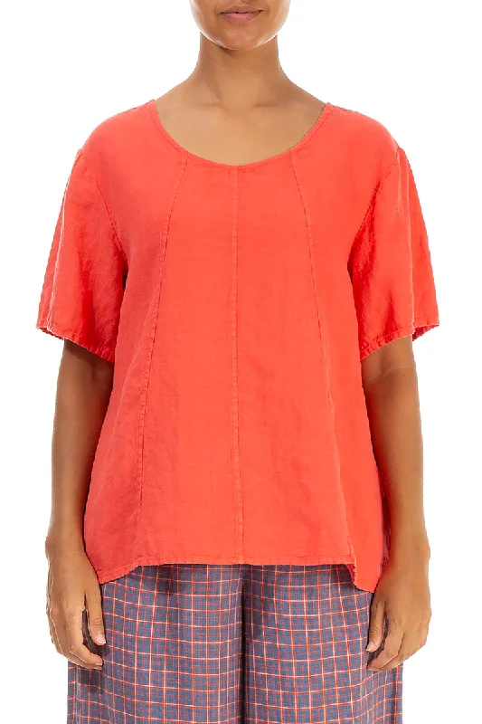 Short Sleeves Living Coral Linen Blouse