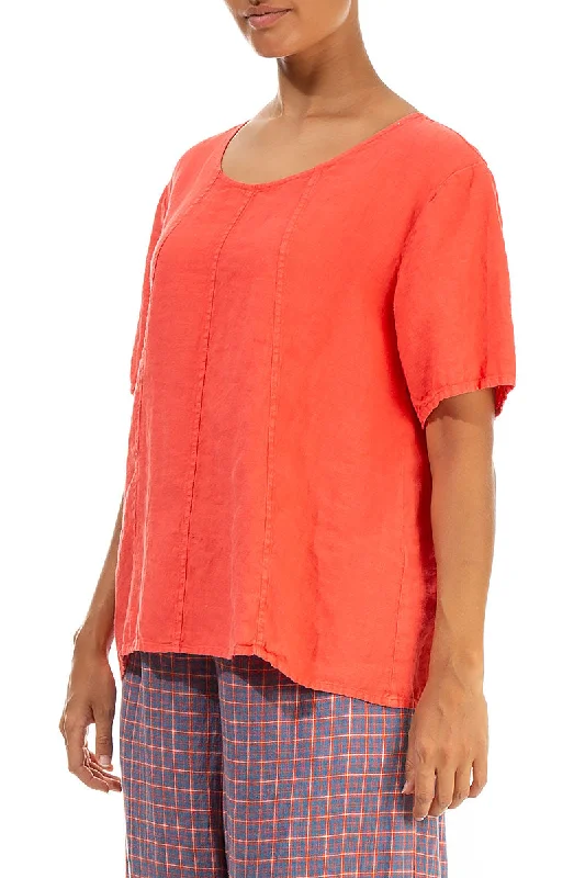 Short Sleeves Living Coral Linen Blouse