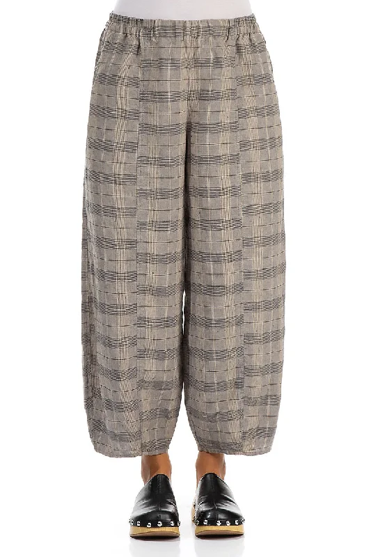 Taper Greige Check Linen Trousers