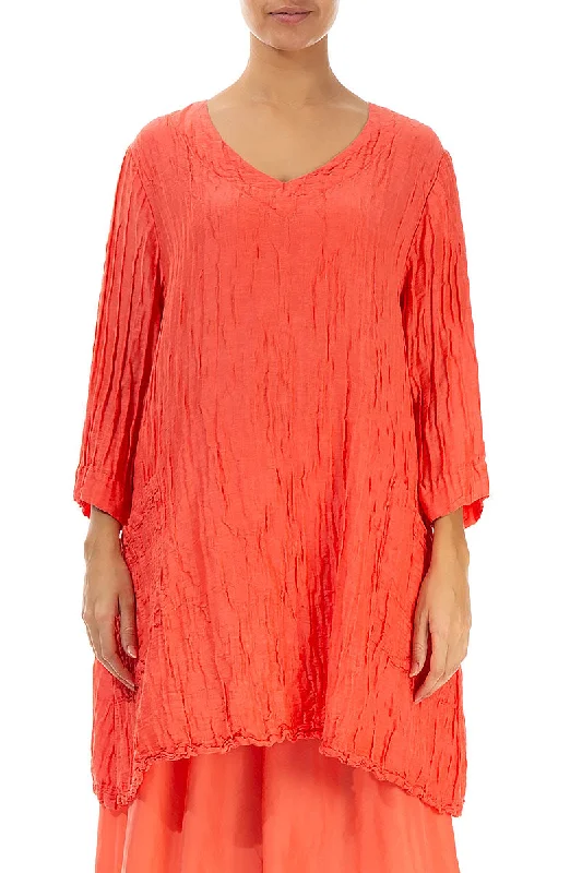 Twin Pockets Crinkled Living Coral Silk Linen Tunic