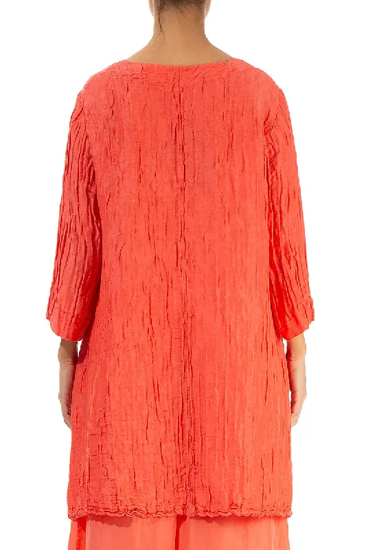 Twin Pockets Crinkled Living Coral Silk Linen Tunic