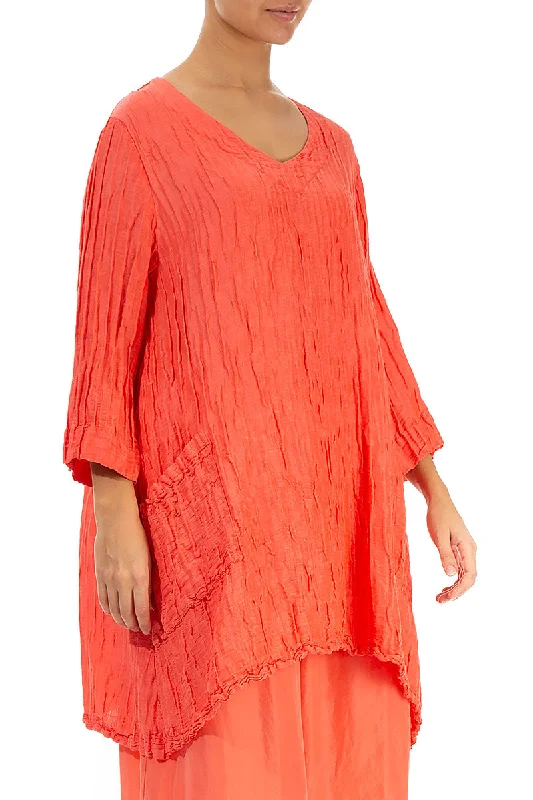 Twin Pockets Crinkled Living Coral Silk Linen Tunic