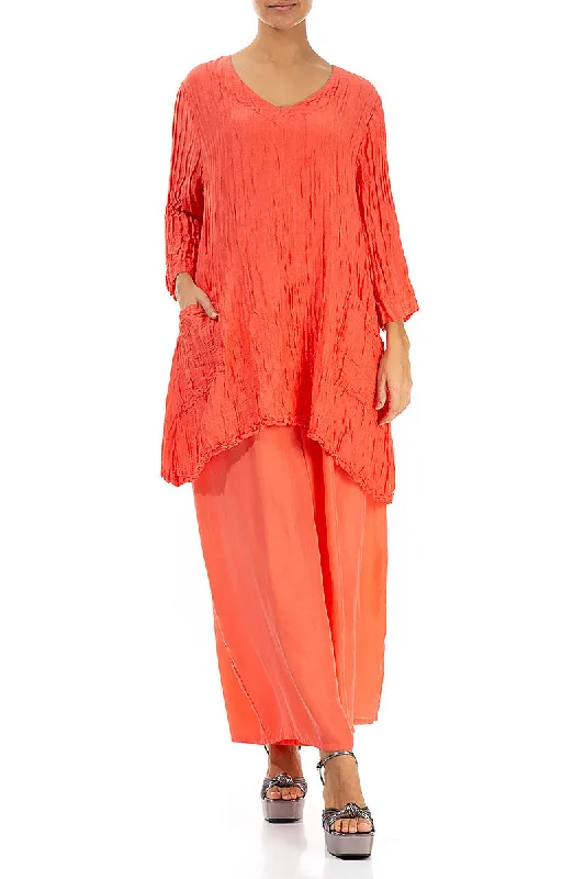 Twin Pockets Crinkled Living Coral Silk Linen Tunic