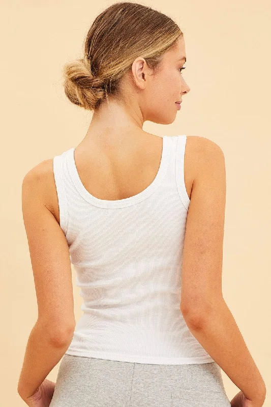 White Cotton Tank Scoop Neck Cotton Blend Rib Sleeveless