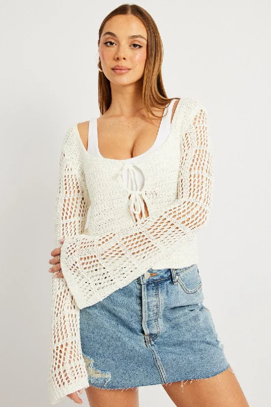 White Crochet Cardigan Long Sleeve Squared Neck