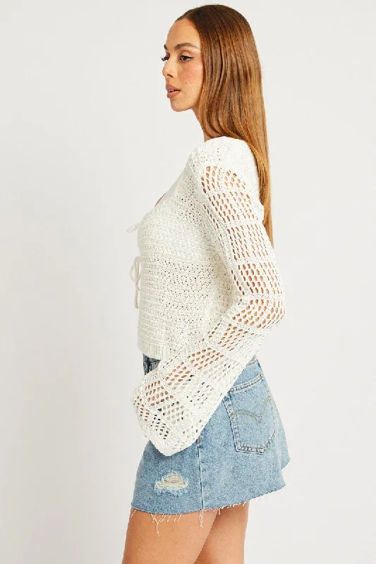 White Crochet Cardigan Long Sleeve Squared Neck