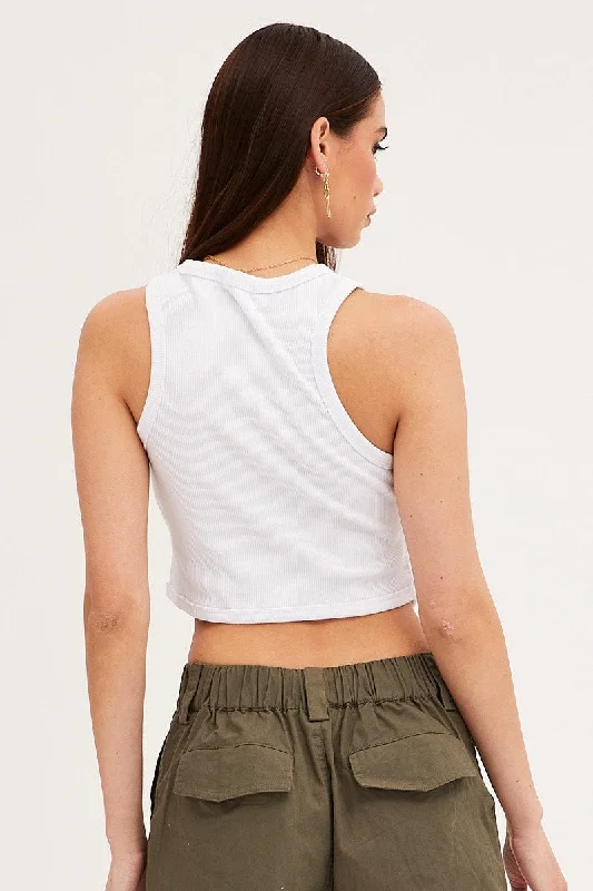 White Crop Tank Sleeveless Curved Hem Rib Butterfly