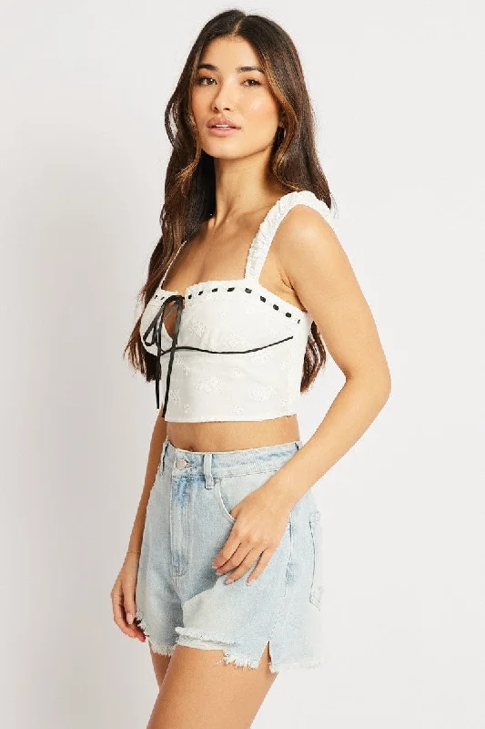 White Crop Top Sleeveless Eyelet Ribbon