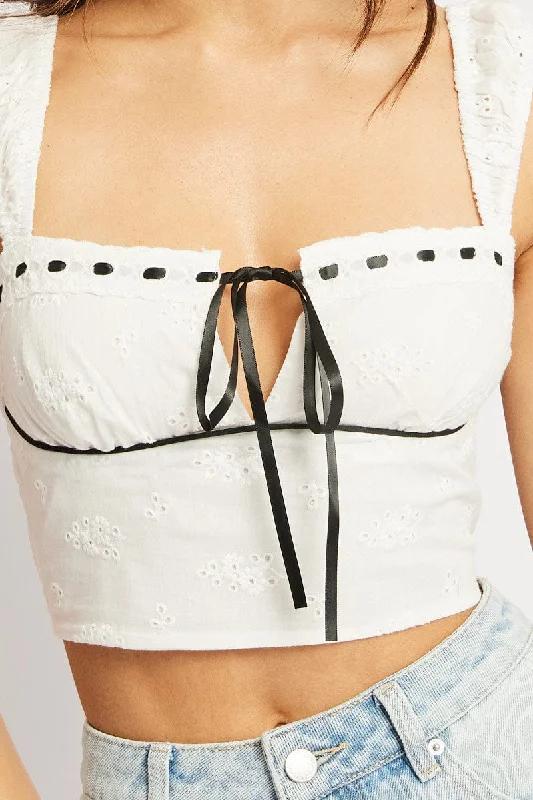 White Crop Top Sleeveless Eyelet Ribbon