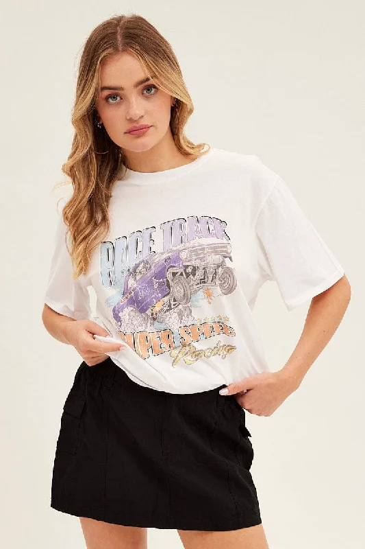 White Graphic Tee Short Sleeve Round Neck Vintage Car