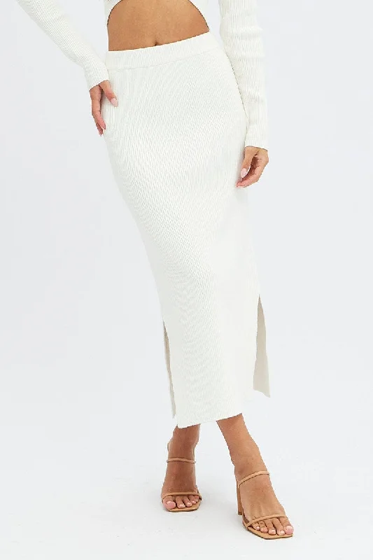 White Knit Skirt High Rise Ribbed Midi