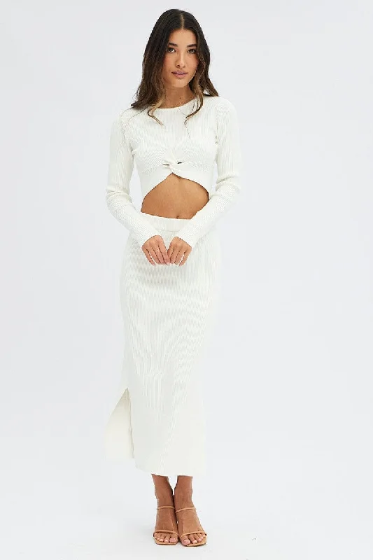 White Knit Skirt High Rise Ribbed Midi