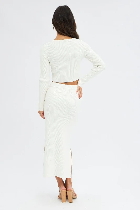 White Knit Skirt High Rise Ribbed Midi