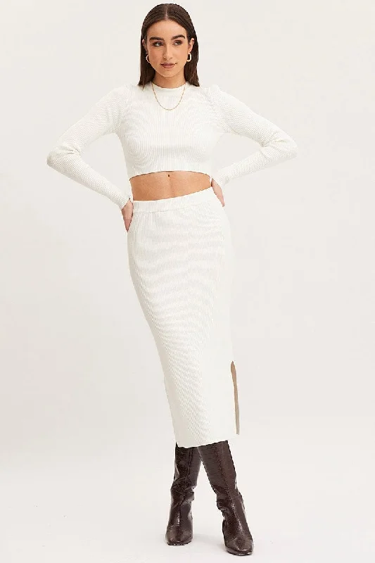 White Knit Skirt Midi Side Split