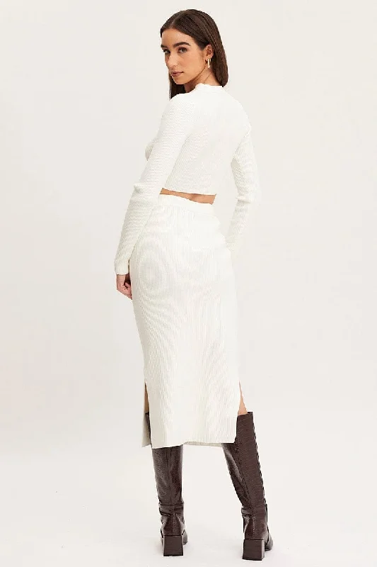 White Knit Skirt Midi Side Split