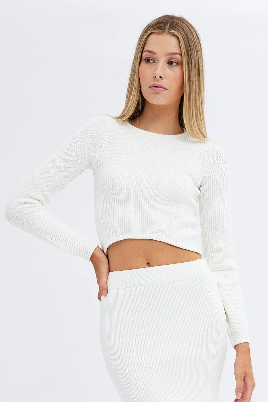 White Knit Top Long Sleeve Crew Neck