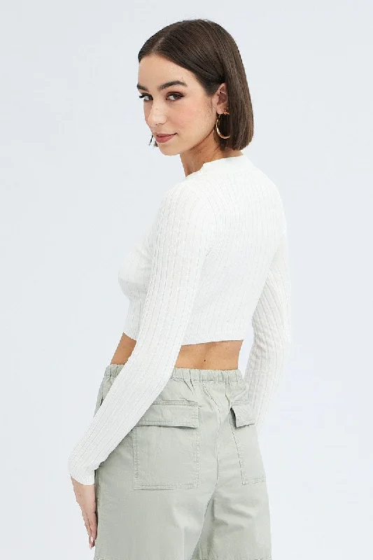 White Knit Top Long Sleeve Crop