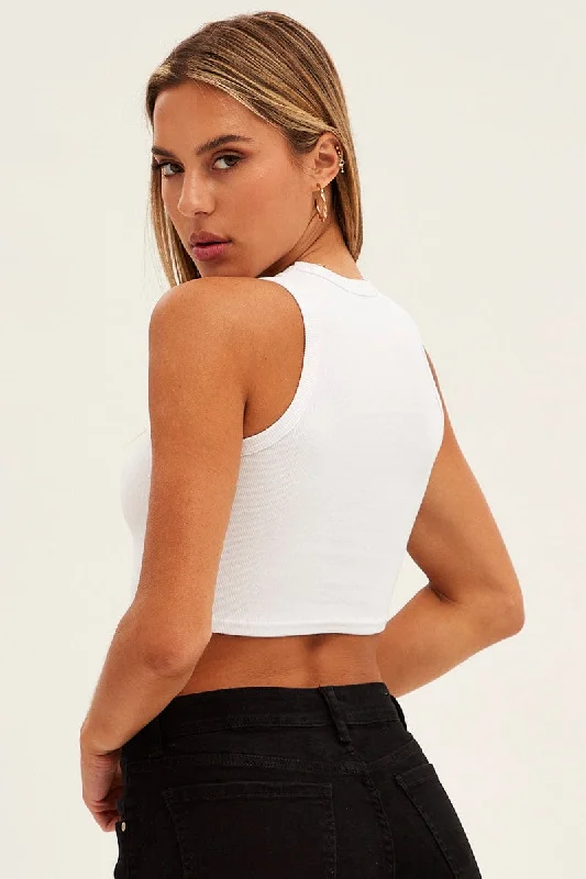 White Scarf Tank Crop Crew Neck Sleeveless