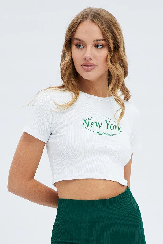 White Tee Crop Short Sleeve New York Embroidery