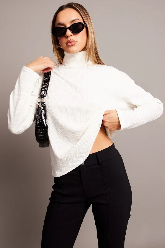 White Top High Neck Long Sleeve Relaxed Fit Rib Jersey