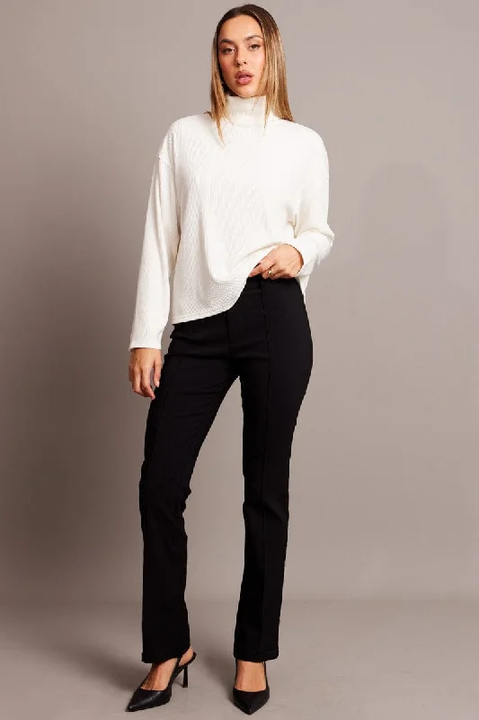 White Top High Neck Long Sleeve Relaxed Fit Rib Jersey