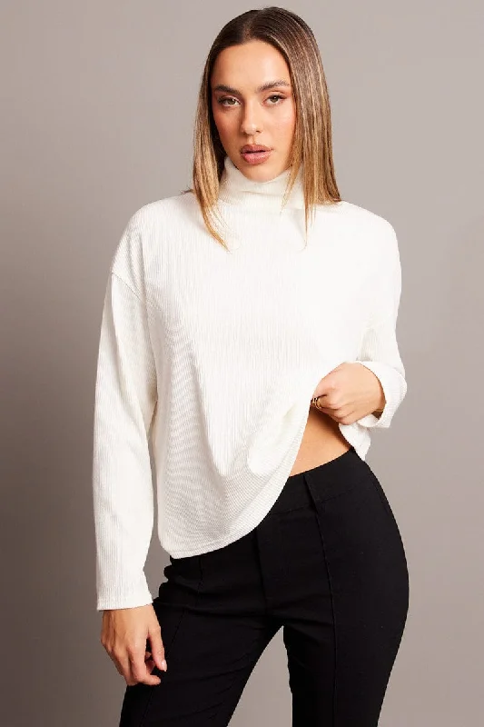 White Top High Neck Long Sleeve Relaxed Fit Rib Jersey