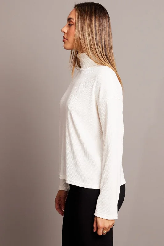 White Top High Neck Long Sleeve Relaxed Fit Rib Jersey