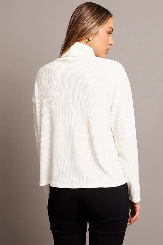 White Top High Neck Long Sleeve Relaxed Fit Rib Jersey