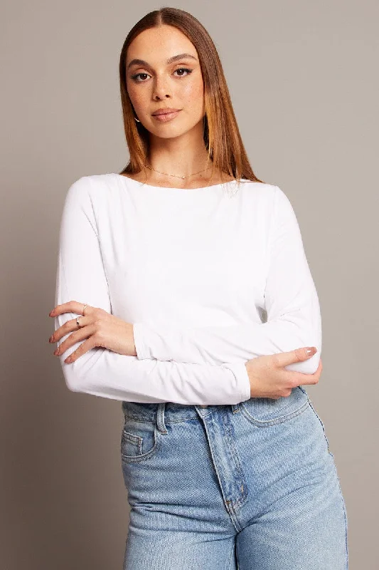 White Top Long Sleeve Boat Neck Modal