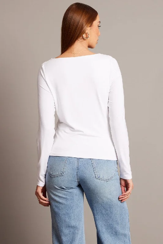 White Top Long Sleeve Boat Neck Modal