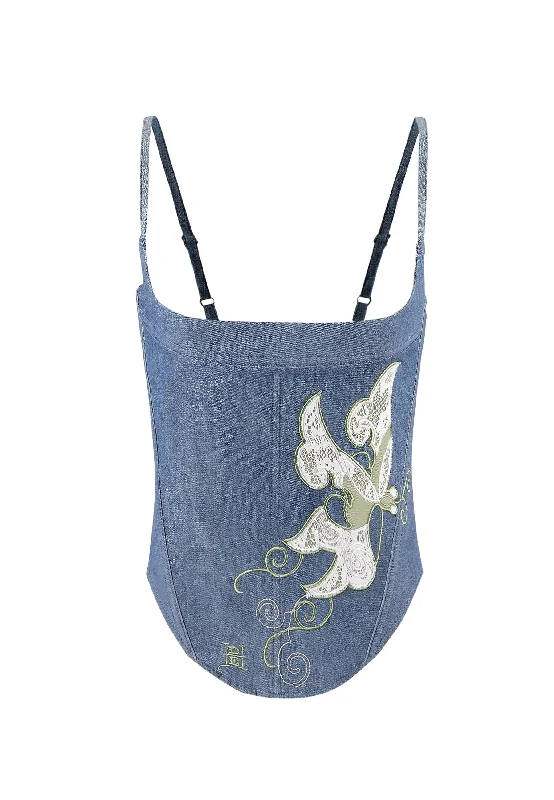 Womens Antique Butterfly Denim Corset Top - Indigo