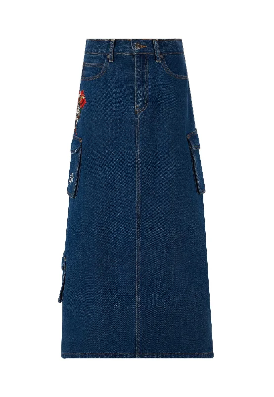 Womens Killer Rose Denim Midi Skirt - Blue