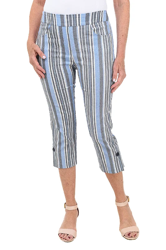 Striped Button-Hem Pull-On Capri Pant