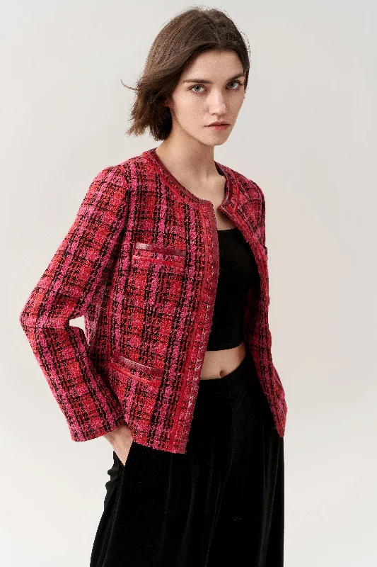 Checkered Concealed-fastening Patch-pocket Tweed Jacket