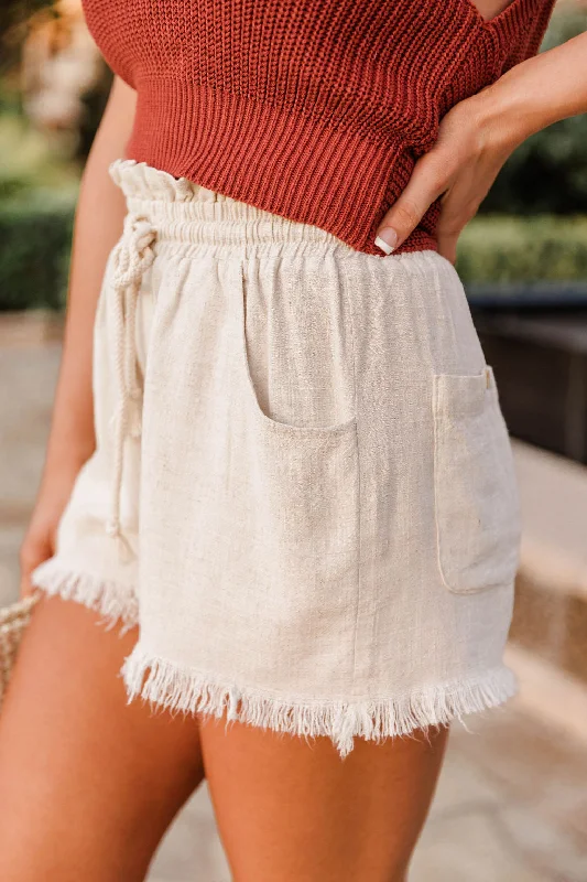 On Speed Dial Beige Fringe Hem Drawstring Shorts FINAL SALE